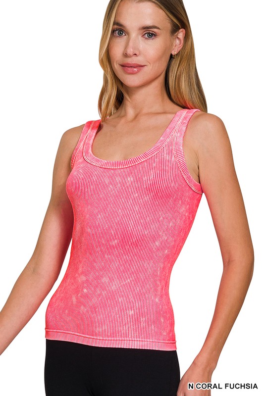 ZENANA 2 WAY NECKLINE WASHED RIBBED SEAMLESS TANK TOP
