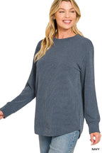 Raised Rib Round Neck Long Sleeve Top