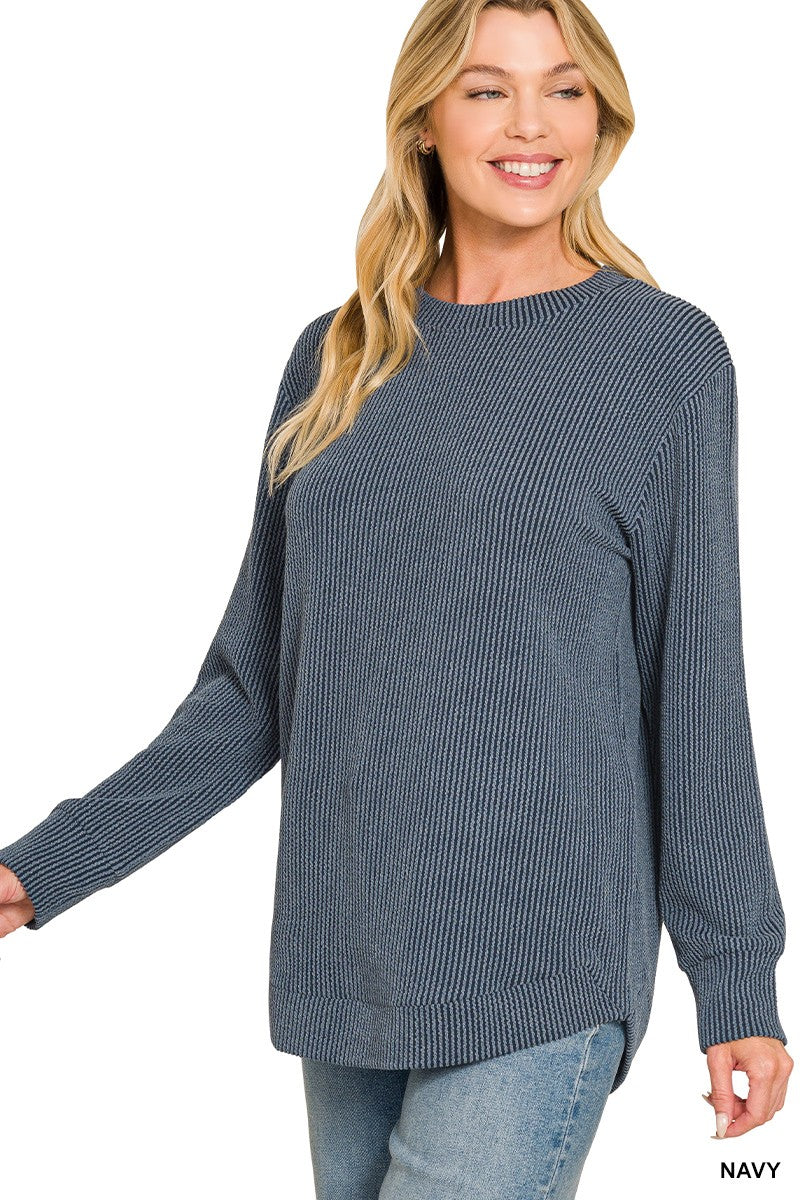 Raised Rib Round Neck Long Sleeve Top