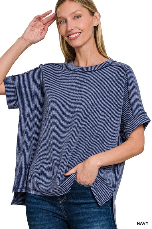 Comfy CORDED RIB SHORT CUFF SLEEVE RAW EDGE TOP