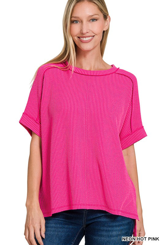 Comfy CORDED RIB SHORT CUFF SLEEVE RAW EDGE TOP