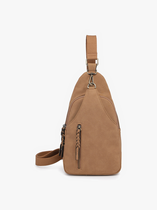 Nikki Dual Compartment Vegan Suede Sling Pack Bag - Tan