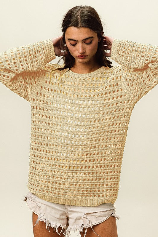 ROUND NECK OPEN KNIT SWEATER TOP
