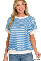 Stripe Contrast Trim Rib Banded Top Shorter Sleeve