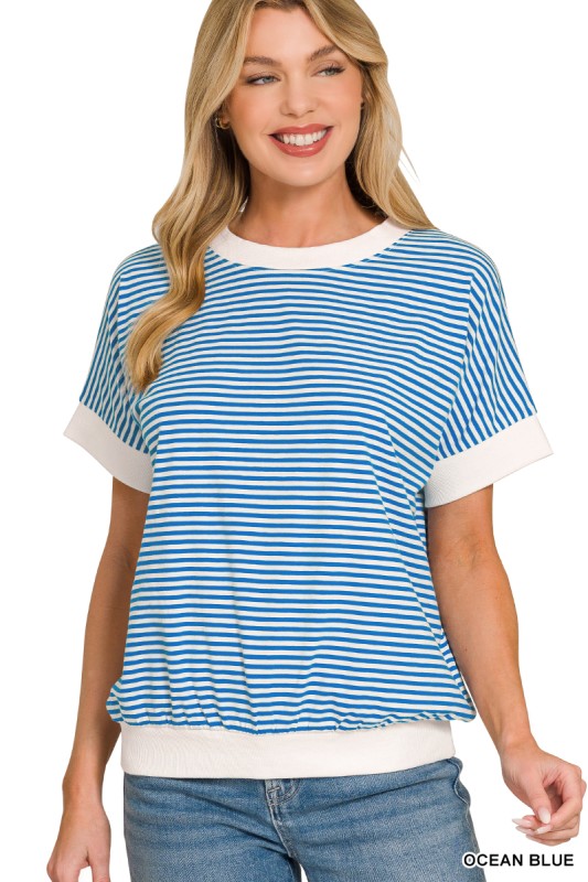 Stripe Contrast Trim Rib Banded Top Shorter Sleeve
