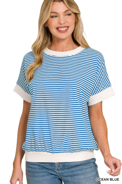 Stripe Contrast Trim Rib Banded Top Shorter Sleeve