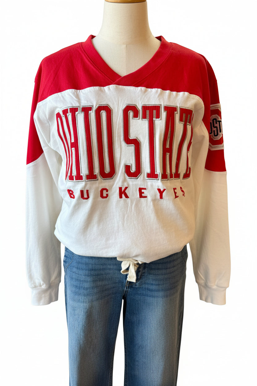 Ohio State Buckeyes Southlawn Daphne LS Vee-Neck Oversized Pierced T-Shirt