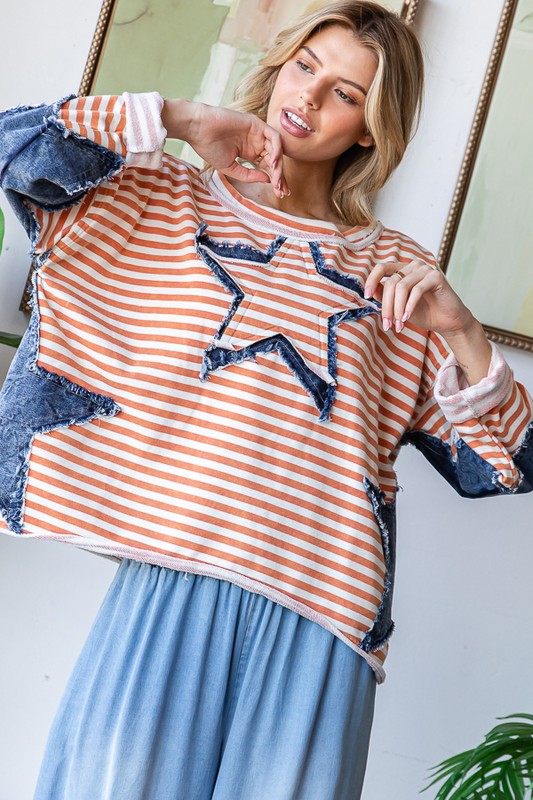 Oli And Hali Denim Star Patch Stripe Top