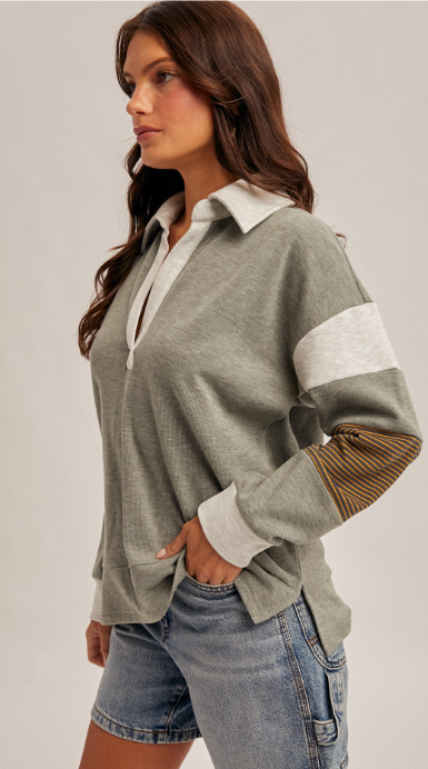 BRUSHED JERSEY STRIPE MIX COLOR BLOCK PULLOVER