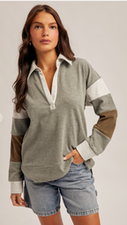 BRUSHED JERSEY STRIPE MIX COLOR BLOCK PULLOVER