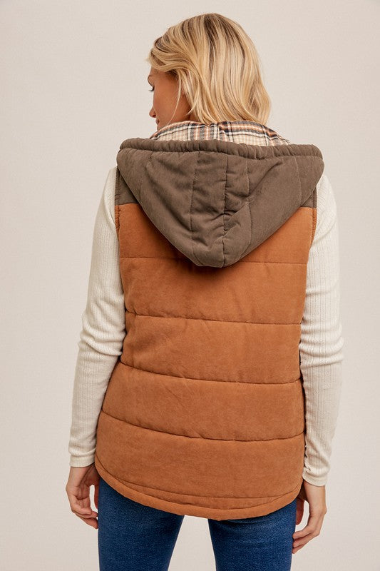 Puff Color Block Plaid Hoodie Vest !