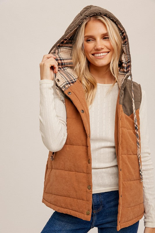 Puff Color Block Plaid Hoodie Vest !