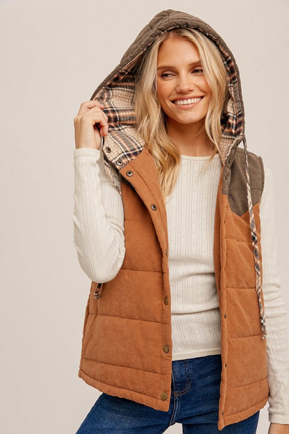 Puff Color Block Plaid Hoodie Vest !