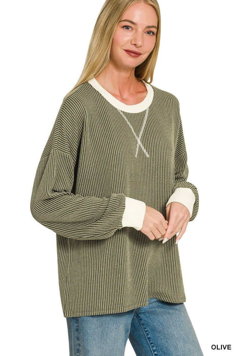 Raised Rib Round Neck Pullover