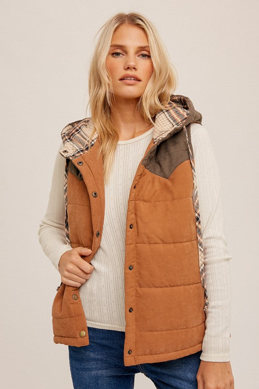 Puff Color Block Plaid Hoodie Vest !