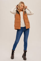 Puff Color Block Plaid Hoodie Vest !
