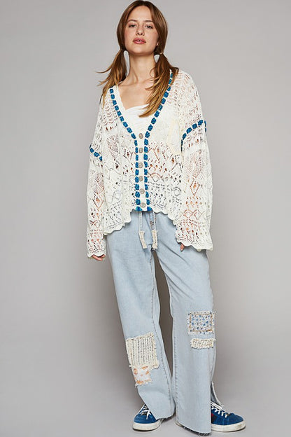 Oversize v-neck long sleeve rope trim cardigan