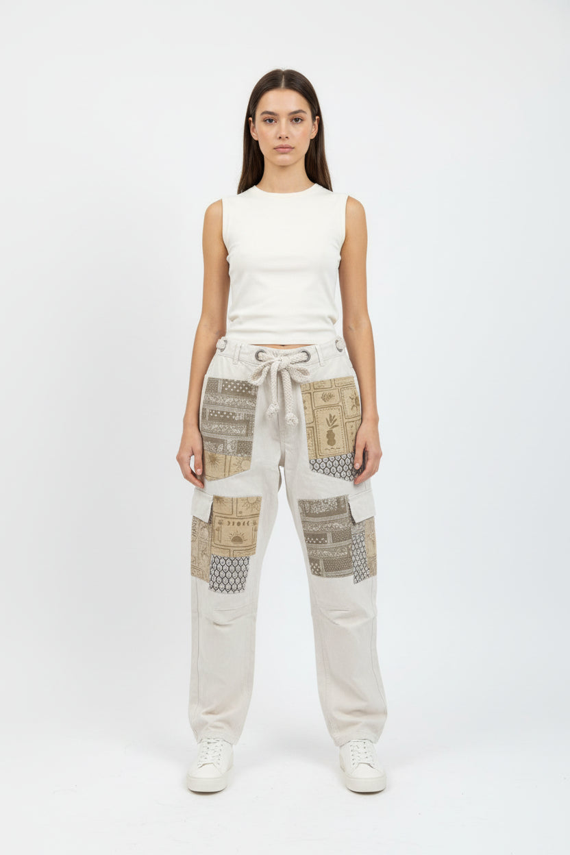 Kami Mineral Washed Printed Patch Barrel Pants
