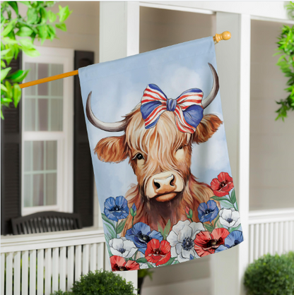 Patriotic Highland Cow Applique Flag
