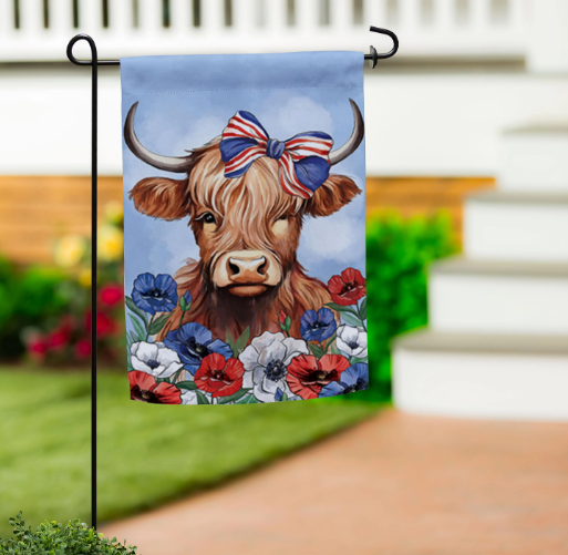 Patriotic Highland Cow Applique Flag
