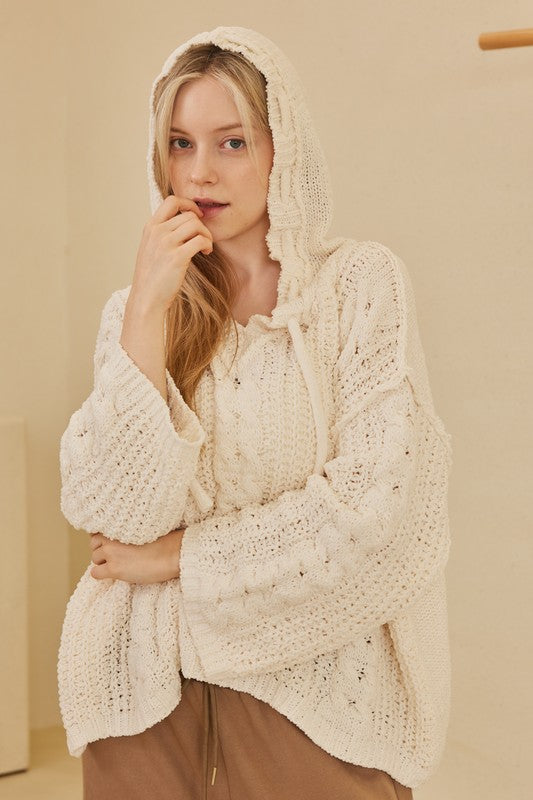 Amy Patterned Sweater With Hoodie And Drawstring