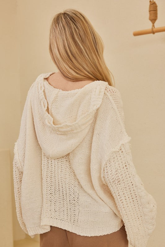 Amy Patterned Sweater With Hoodie And Drawstring