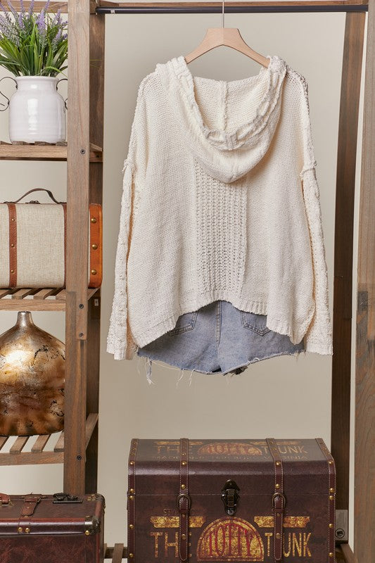 Amy Patterned Sweater With Hoodie And Drawstring
