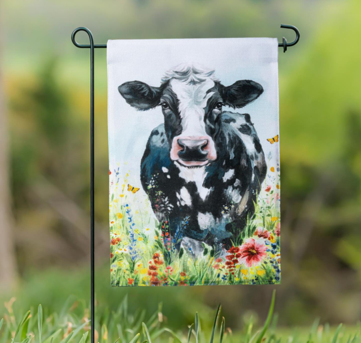 Petal and Pal Floral Cow Burlap Flag
