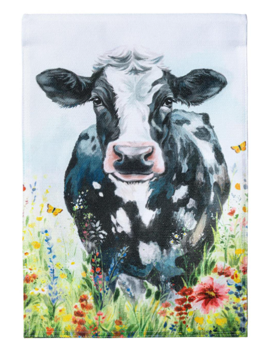 Petal and Pal Floral Cow Burlap Flag