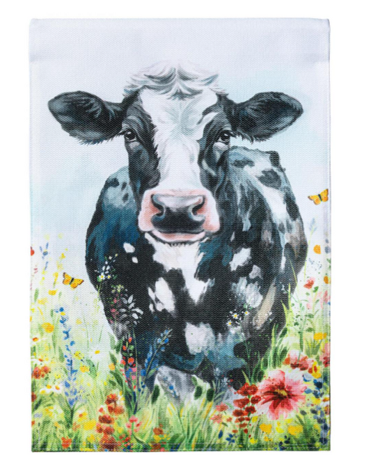 Petal and Pal Floral Cow Burlap Flag