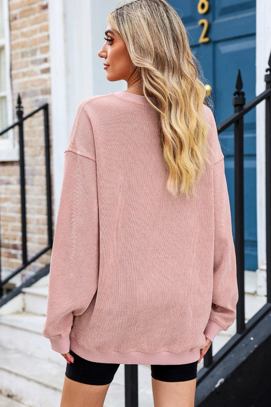 Solid Ribbed Knit Round Neck Pullover Sweatshirt