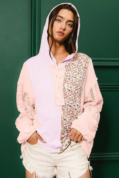 Slub Jersey With Lace Combo Buttoned Hoodie Top