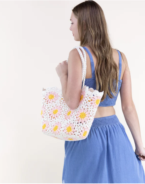 Hand Knitted Crochet Daisy Tote Bag Pink