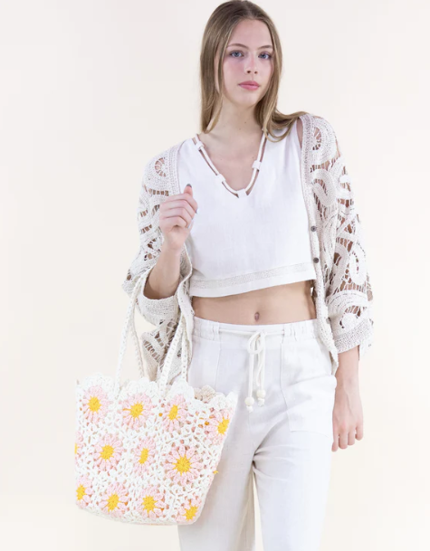 Hand Knitted Crochet Daisy Tote Bag Pink
