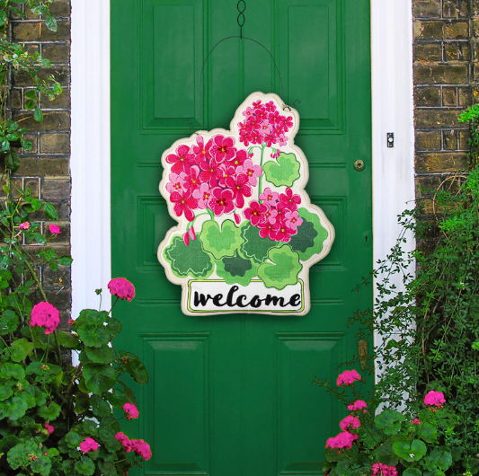 Pink Geranium Welcome Friends Estate Door Décor