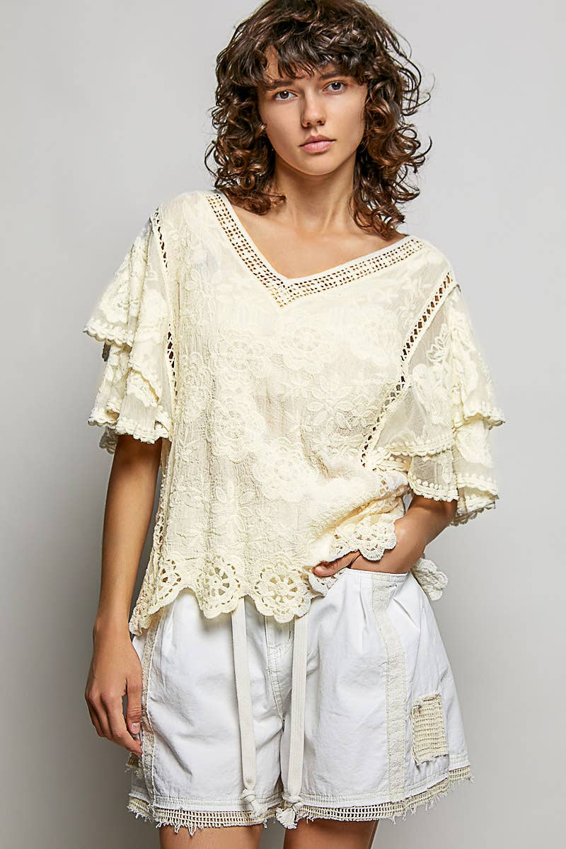 Pol Clothing - V-neck Short Sleeve Crochet Trim Solid Top