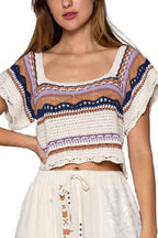 Pol Cropped ethnic pattern square neck sweater top