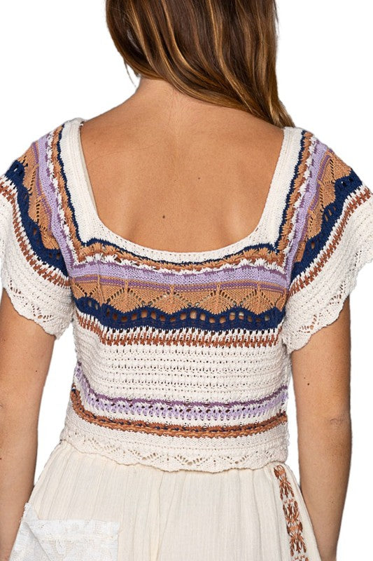 Pol Cropped ethnic pattern square neck sweater top