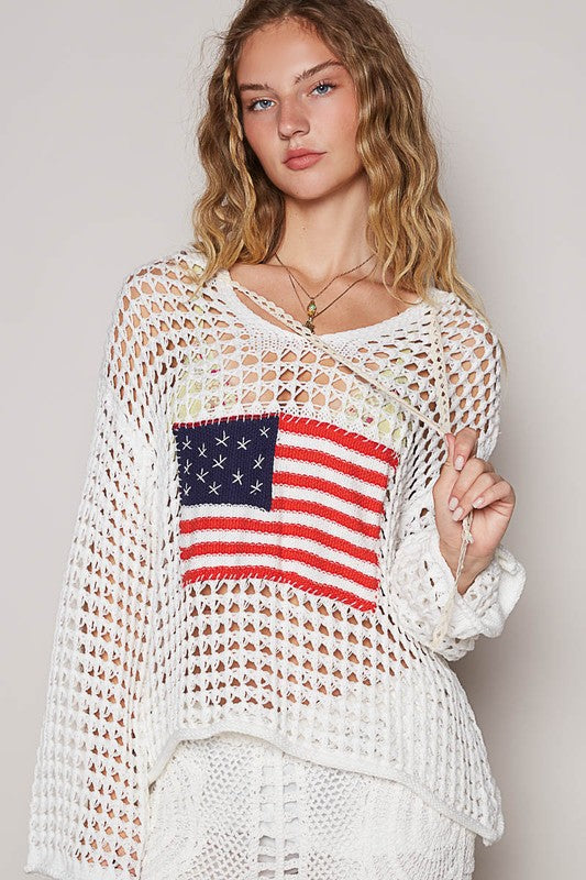 Pol V Neck American Flag Hoodie Sweater Patriotic Cozy