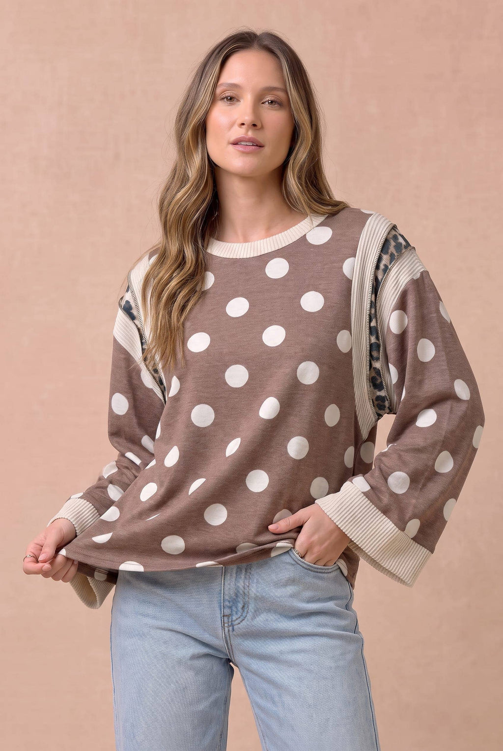Haptics - Polka Dot Mixed Media Knit Top
