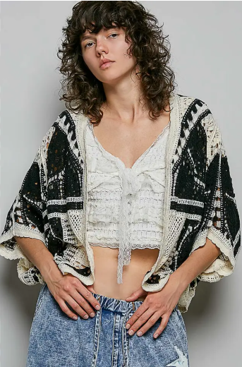 Pol 3/4 Sleeve Relaxed Fit Crochet Open Cardigan Top