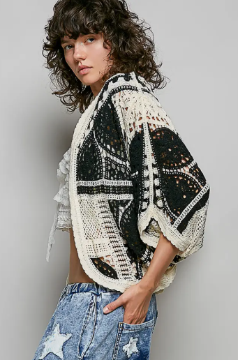 Pol 3/4 Sleeve Relaxed Fit Crochet Open Cardigan Top