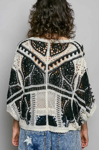 Pol 3/4 Sleeve Relaxed Fit Crochet Open Cardigan Top