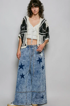 Pol 3/4 Sleeve Relaxed Fit Crochet Open Cardigan Top