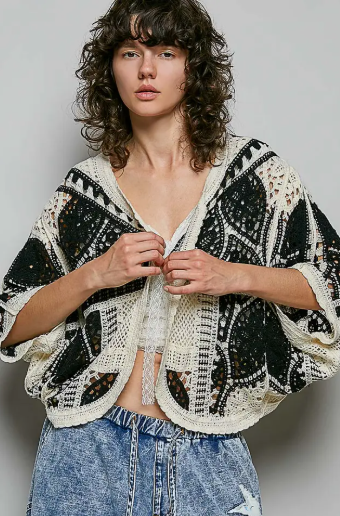 Pol 3/4 Sleeve Relaxed Fit Crochet Open Cardigan Top