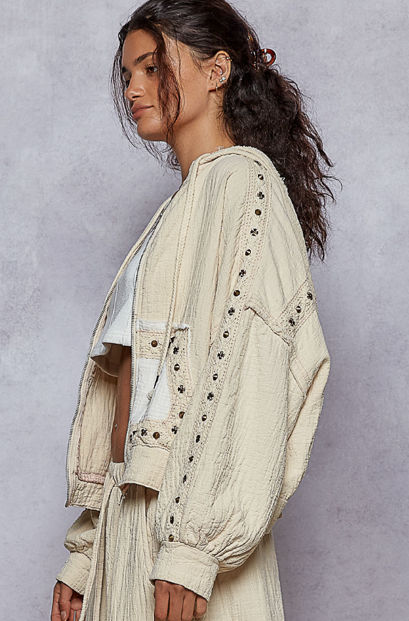 Pol  regular fit balloon sleeve hoodie top in double gauze with front pockets