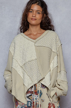 Pol  V-neck balloon sleeve relaxed fit top in thermal with crochet and quilting patch