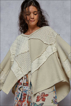 Pol  V-neck balloon sleeve relaxed fit top in thermal with crochet and quilting patch