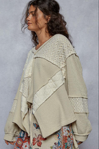 Pol  V-neck balloon sleeve relaxed fit top in thermal with crochet and quilting patch