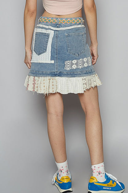 Mazie Printed patchwork button down flare mini skirt